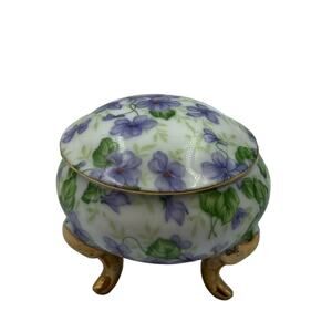 Vintage‎ Letfon China Footed Trinket Jewelry Box Gold Trim Lilac / Violets